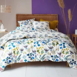BecquetDrap-housse en coton blanc cassé motif floral bleu - TANIA