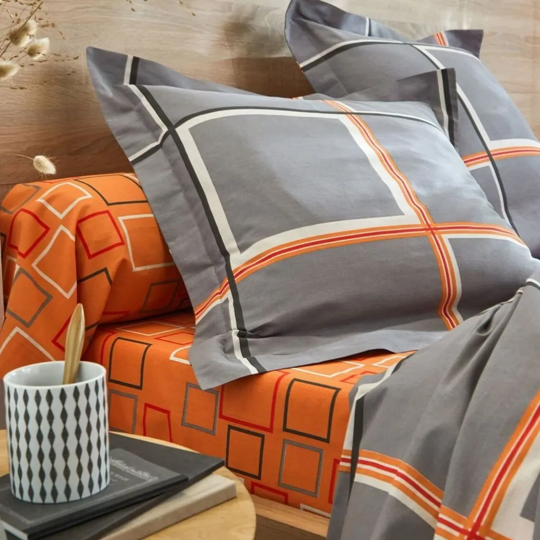 BecquetDrap-housse en coton orange à motifs carreaux - BIBUS