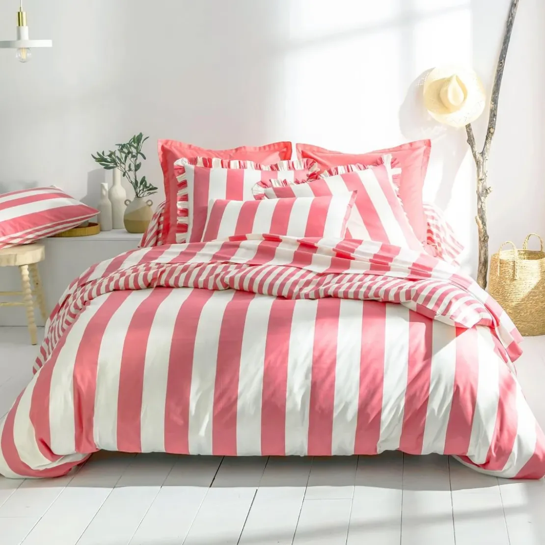 BecquetDrap housse en coton rose bonbon à rayures - ANDERSON