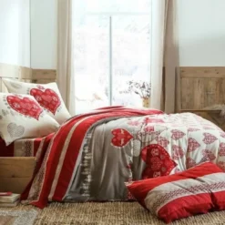 BecquetDrap-housse en flanelle rouge à motif cœurs - VALMOREL