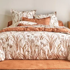 BecquetDrap housse percale de coton terracotta motif végétal - collection SOUFLE DE PAILLE