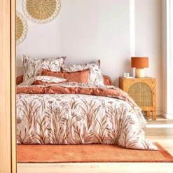 BecquetDrap housse percale de coton terracotta motif végétal - collection SOUFLE DE PAILLE