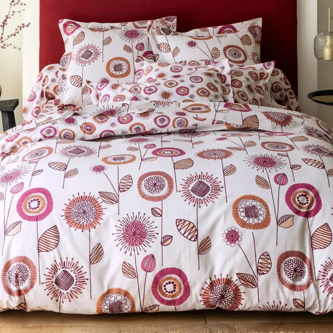 BecquetDrap plat coton blanc imprimé floral rose - FIFTY ROSE