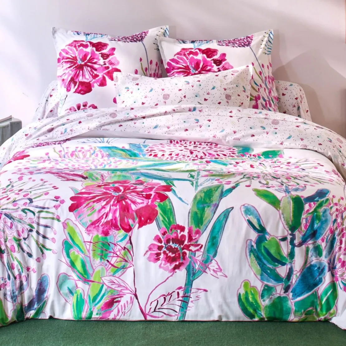BecquetDrap plat coton blanc imprimé floral multicolore - ROSE MENTHOL
