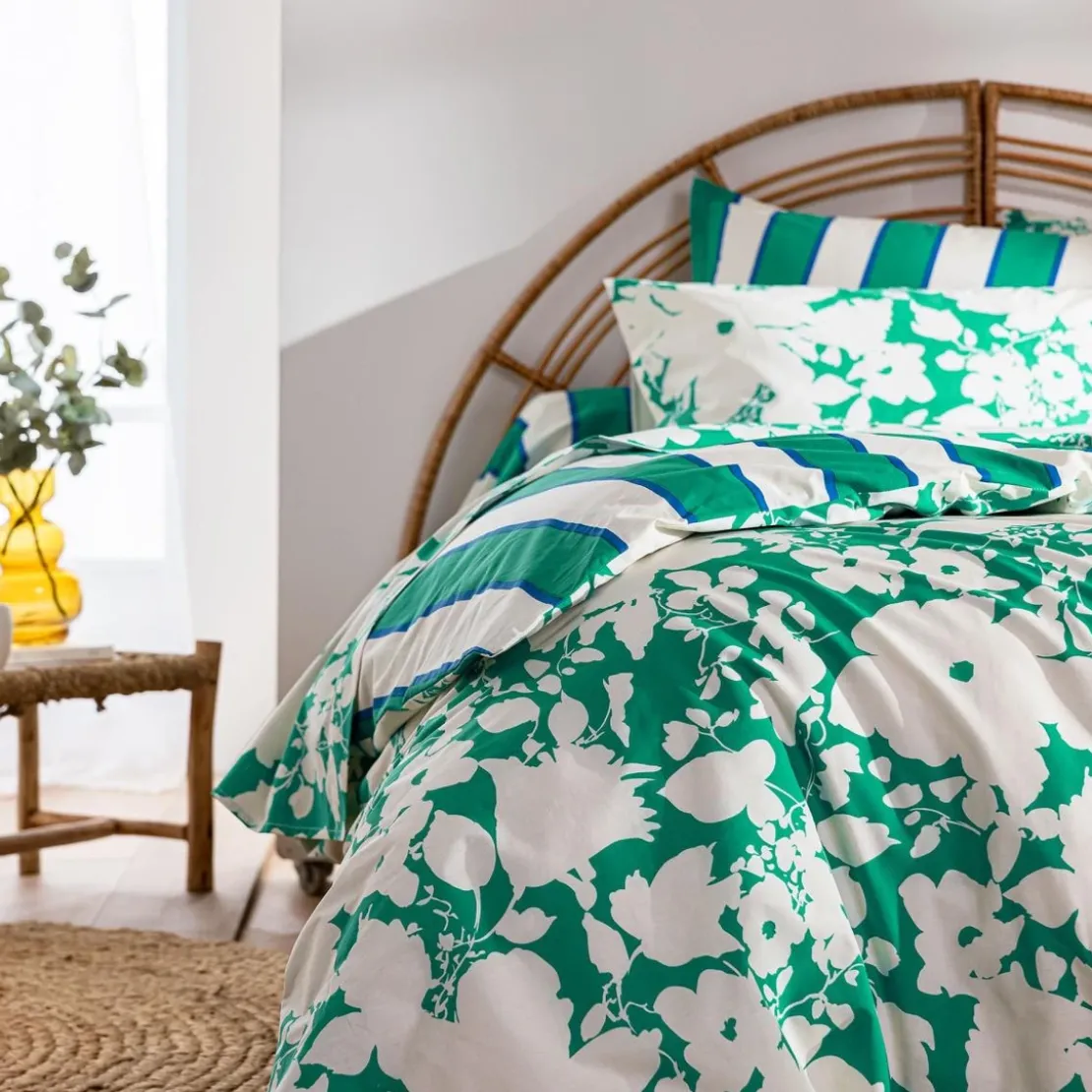 BecquetDrap plat coton vert floral écru - GREEN SPRING
