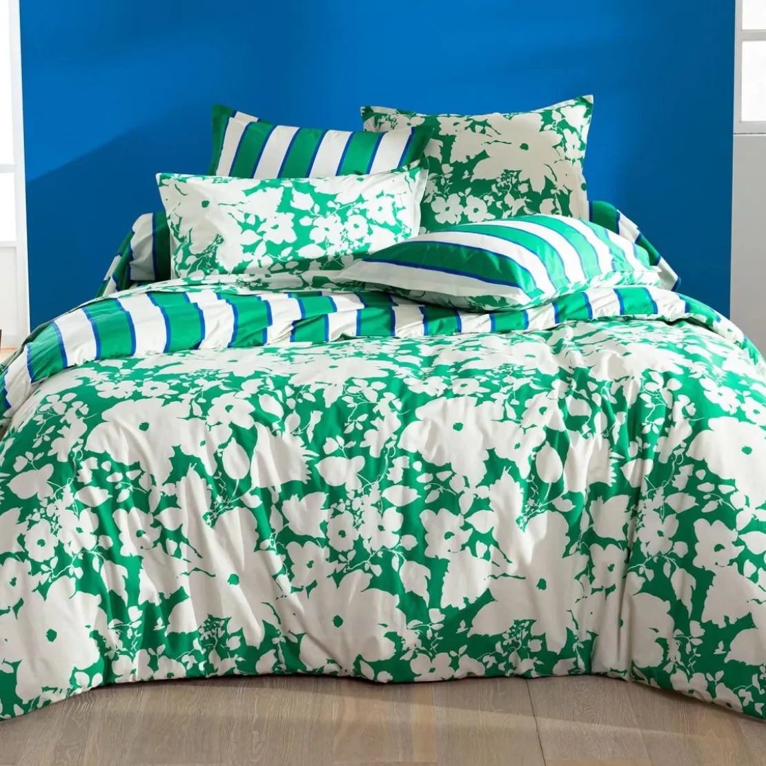 BecquetDrap plat coton vert floral écru - GREEN SPRING