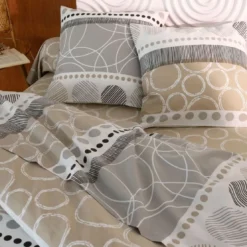 BecquetDrap plat en coton rayures et cercles - Beige