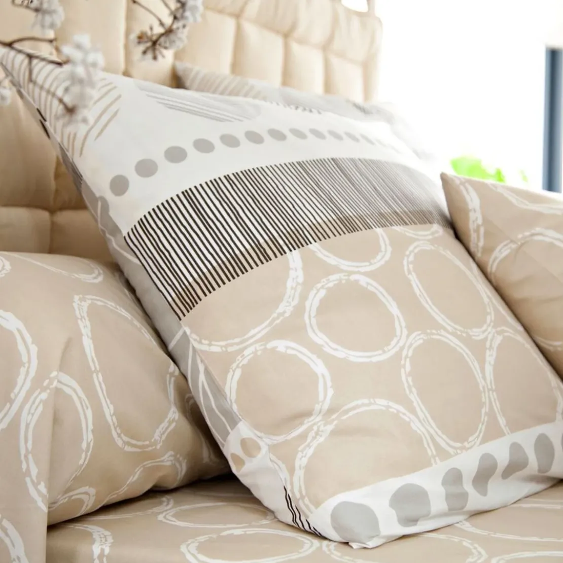 BecquetDrap plat en coton rayures et cercles - Beige
