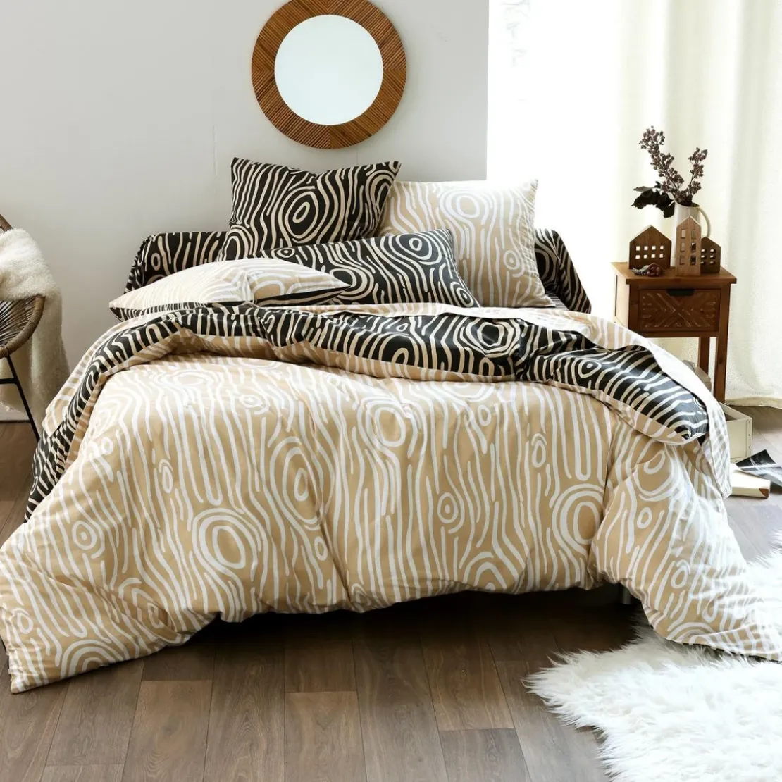 BecquetDrap plat en flanelle sable à motif graphique effet bois écru - TOPO