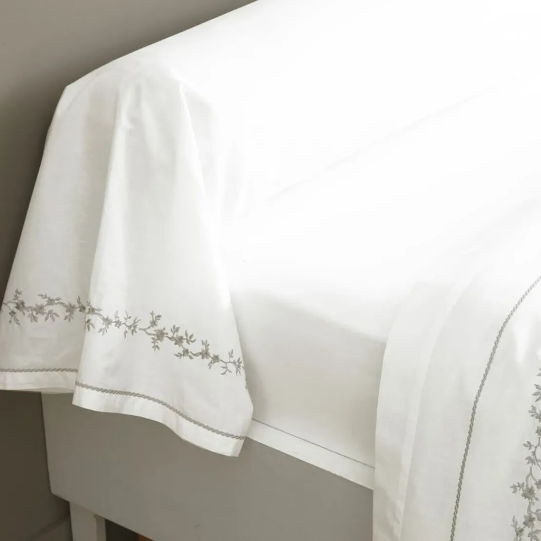 BecquetDrap plat en percale de coton blanc à motif brodé floral - ADELE