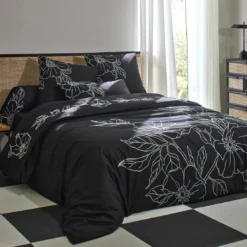 BecquetDrap plat en percale de coton noir à fleurs brodées - SUZON
