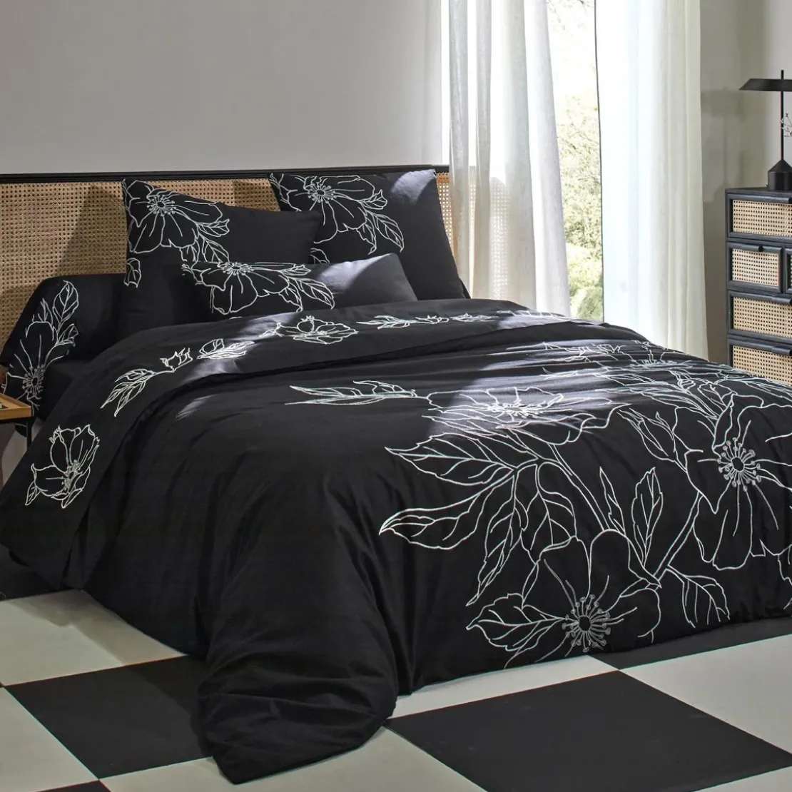 BecquetDrap plat en percale de coton noir à fleurs brodées - SUZON
