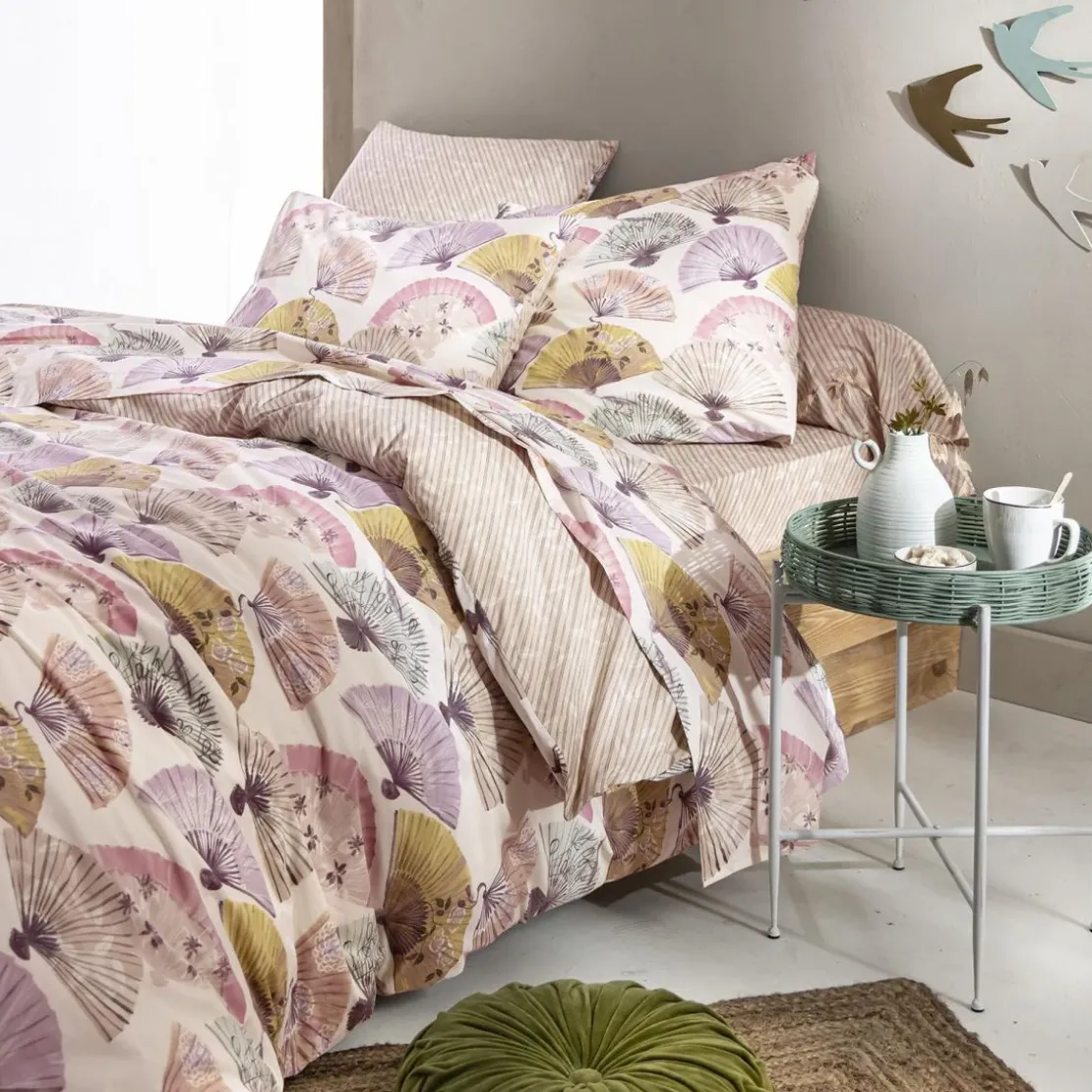 BecquetDrap plat en polycoton CULTUREL motif eventails multicolore