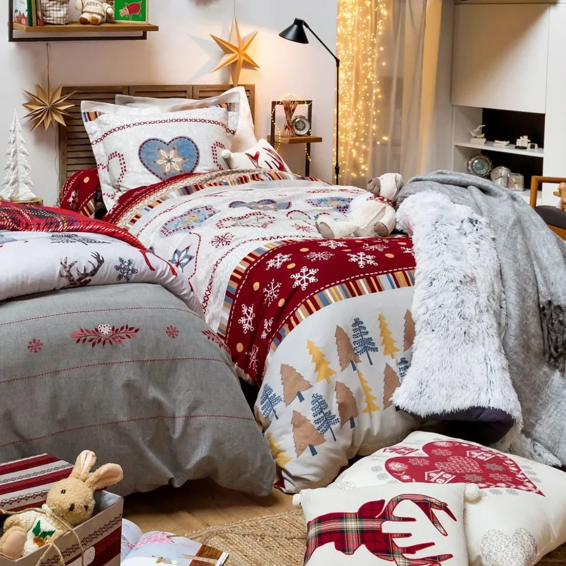 BecquetDrap plat flanelle rouge à motifs géométriques multicolores - CŒUR DE FLOCON