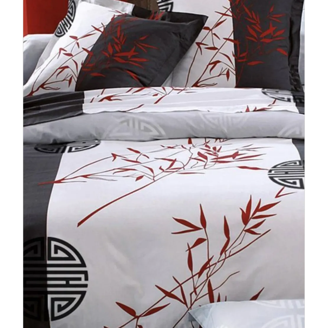 BecquetDrap plat gris anthracite à motif placé bambou rouge - NIPPON