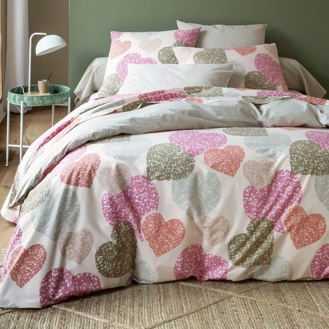 BecquetDrap Plat polycoton LOVERS à motif coeur - rose