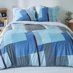 BecquetHousse de couette coton bleu motif géométrique - ARTHUR