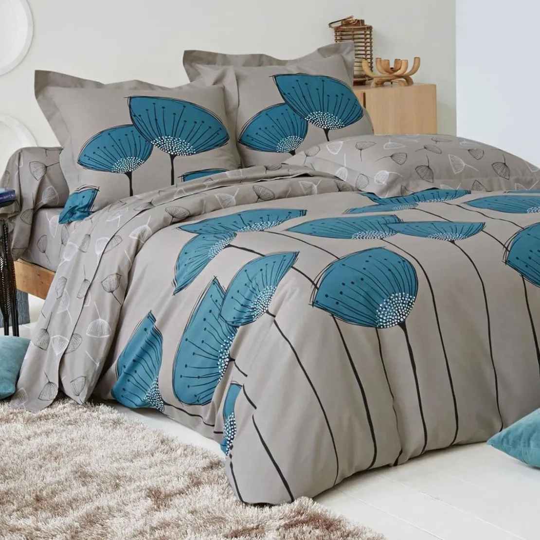 BecquetHousse de couette coton réversible COQUELICOTS BLUE - beige