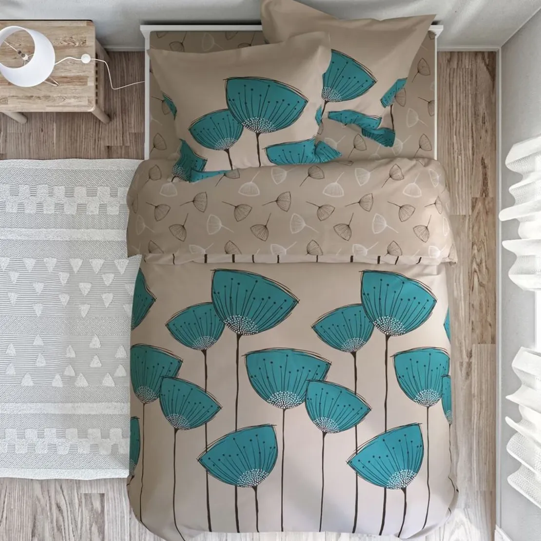 BecquetHousse de couette coton réversible COQUELICOTS BLUE - beige