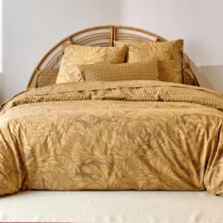 BecquetHousse de couette coton réversible jaune ocre floral brun taupe - SIDO