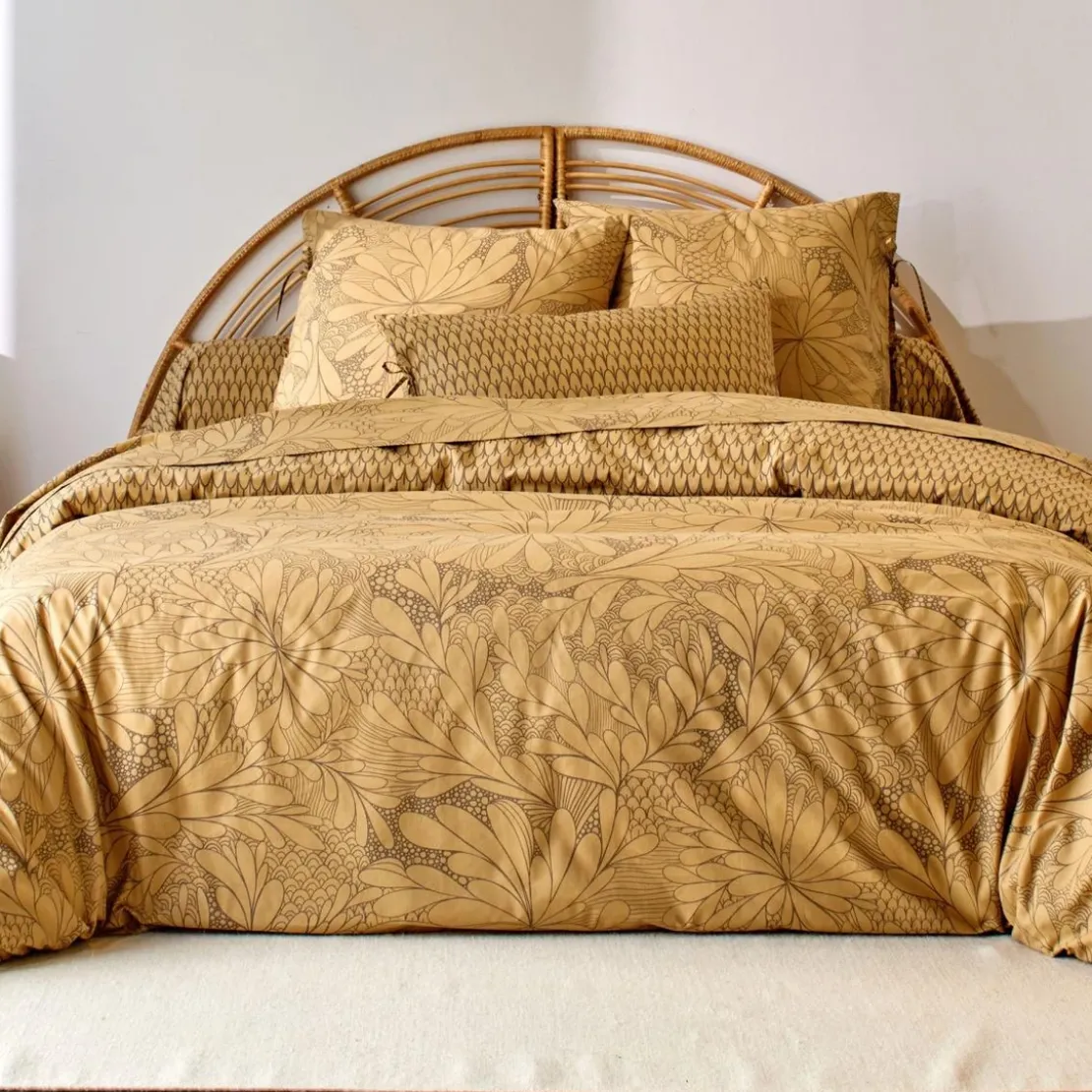 BecquetHousse de couette coton réversible jaune ocre floral brun taupe - SIDO