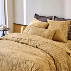 BecquetHousse de couette coton réversible jaune ocre floral brun taupe - SIDO