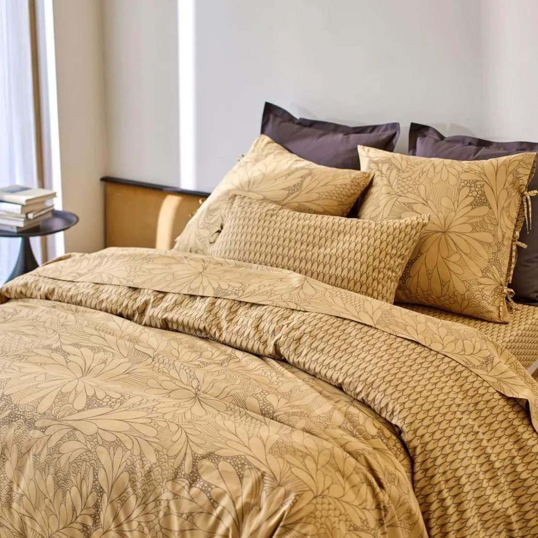 BecquetHousse de couette coton réversible jaune ocre floral brun taupe - SIDO
