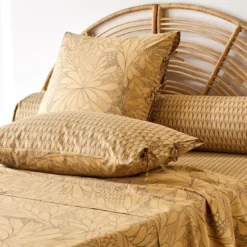 BecquetHousse de couette coton réversible jaune ocre floral brun taupe - SIDO