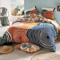 BecquetHousse de couette coton écru géométrique bleu camel réversible - TERRE ET MER