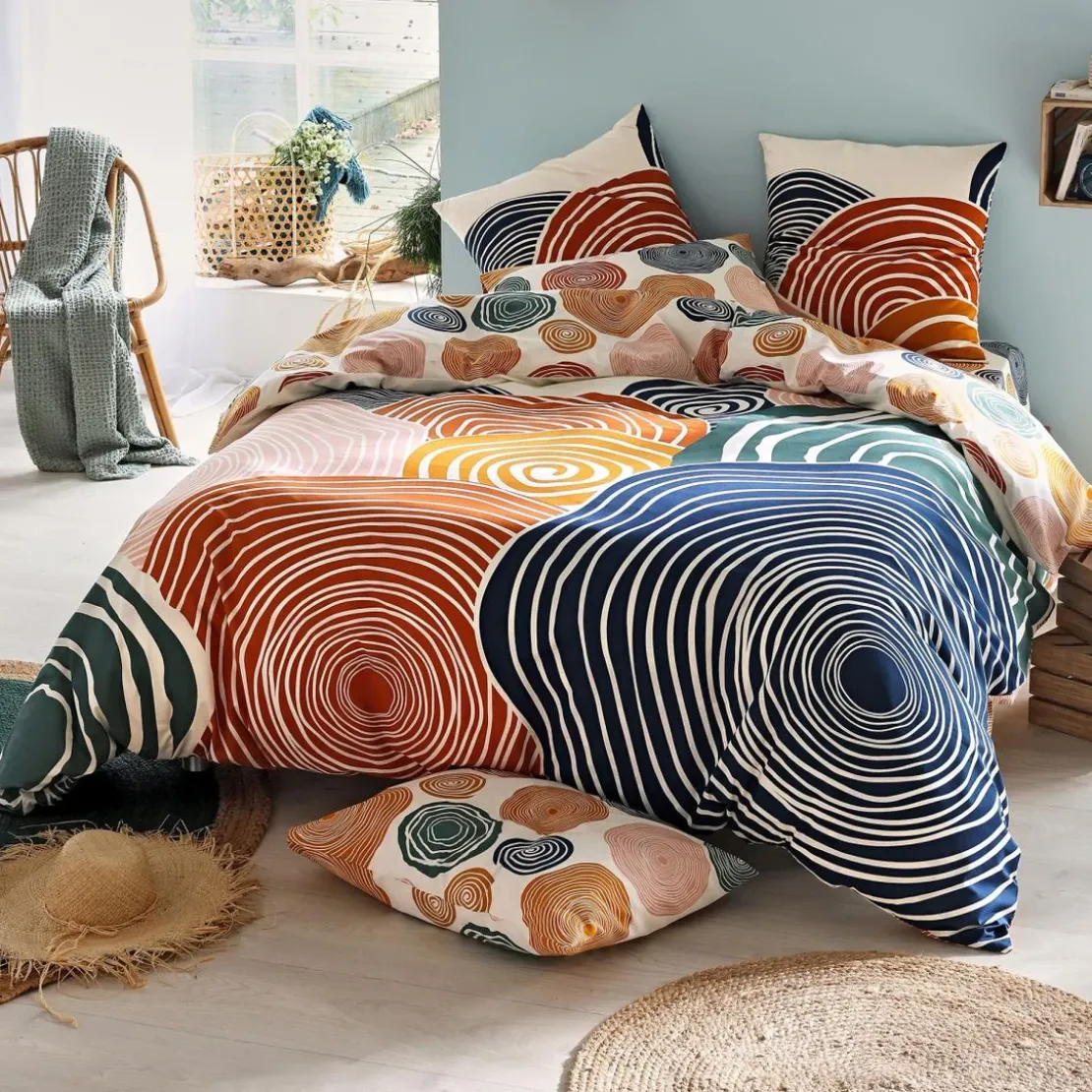 BecquetHousse de couette coton écru géométrique bleu camel réversible - TERRE ET MER
