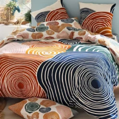 BecquetHousse de couette coton écru géométrique bleu camel réversible - TERRE ET MER
