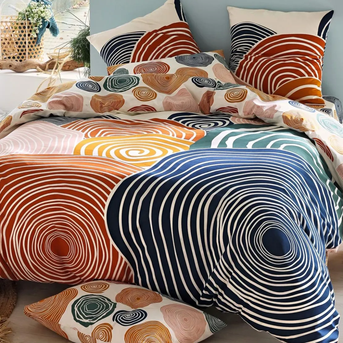 BecquetHousse de couette coton écru géométrique bleu camel réversible - TERRE ET MER
