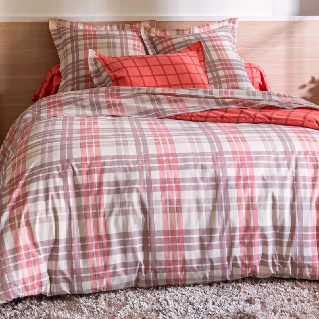 BecquetHousse de couette coton réversible écru à carreaux roses - CHALEUREUX