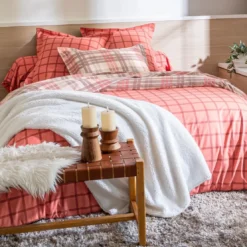 BecquetHousse de couette coton réversible écru à carreaux roses - CHALEUREUX