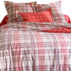 BecquetHousse de couette coton réversible écru à carreaux roses - CHALEUREUX