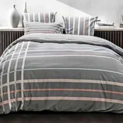 BecquetHousse de couette coton gris à rayures multicolores réversible - GIANNI