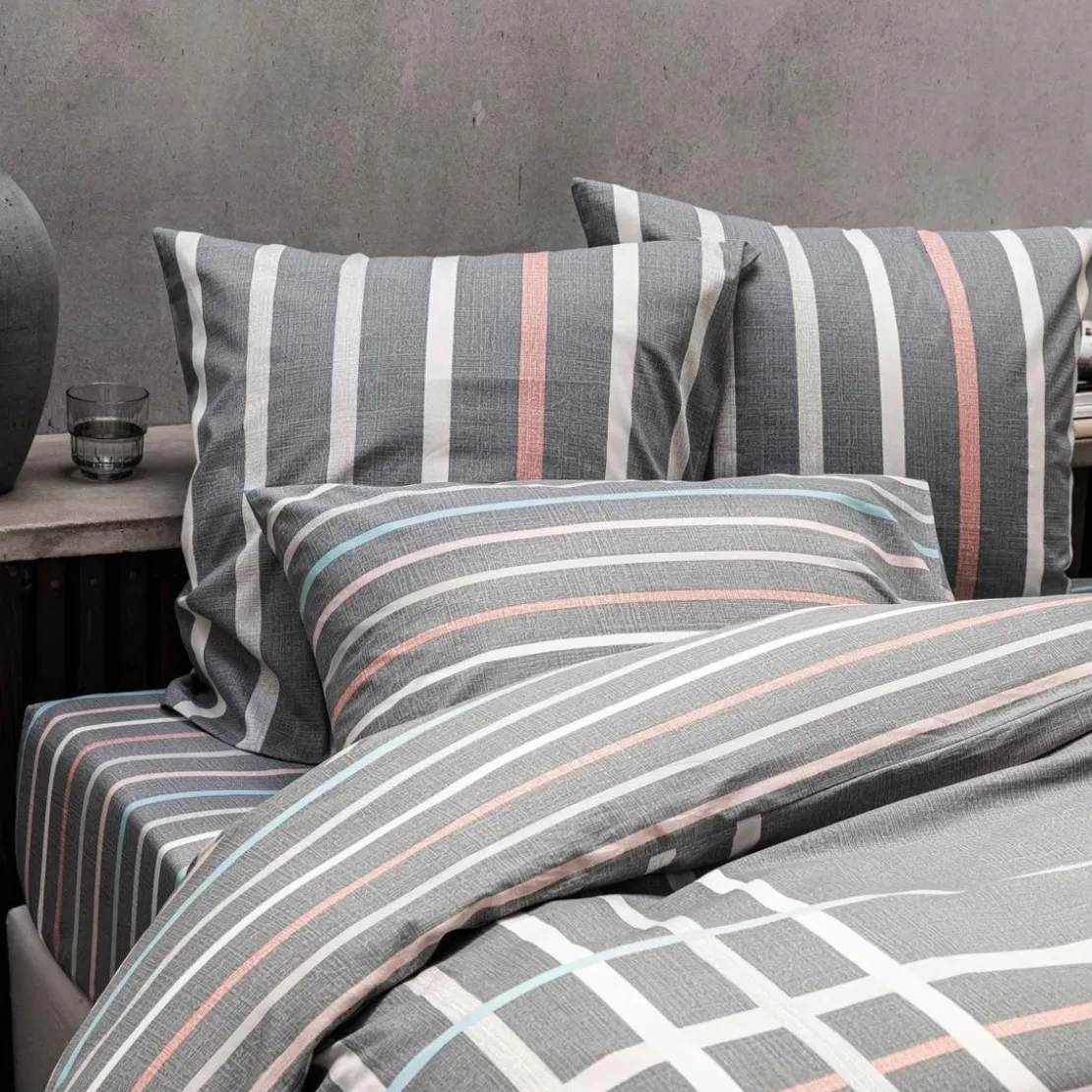 BecquetHousse de couette coton gris à rayures multicolores réversible - GIANNI