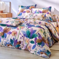 Becquet Housse de couette coton beige rosé réversible motif floral multicolore - Collection IMAGINAIRE