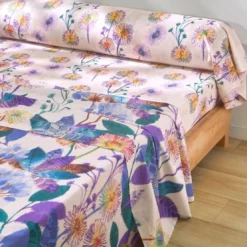 Becquet Housse de couette coton beige rosé réversible motif floral multicolore - Collection IMAGINAIRE