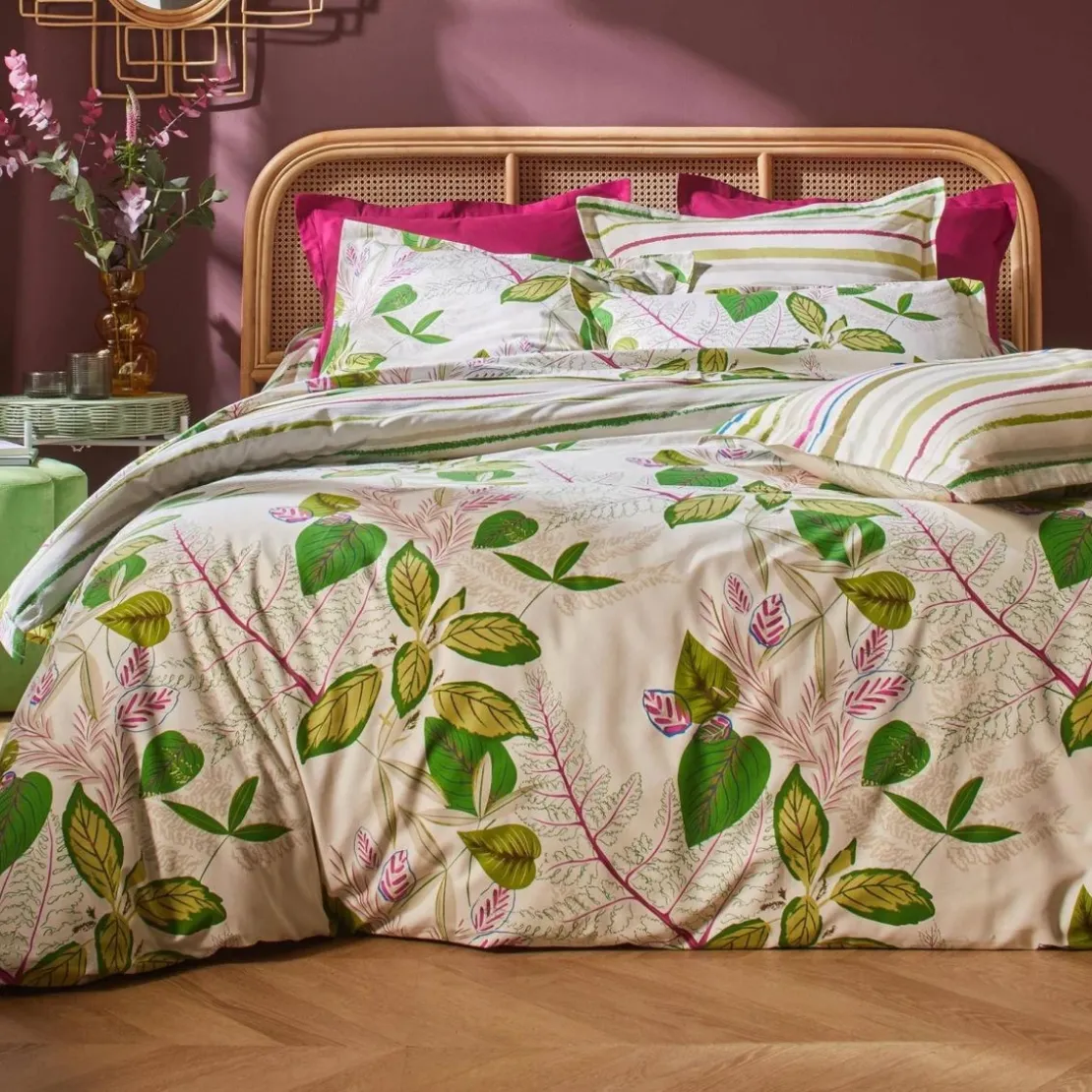 BecquetHousse de couette en coton réversible IRREELLE imprimé feuilles - beige clair