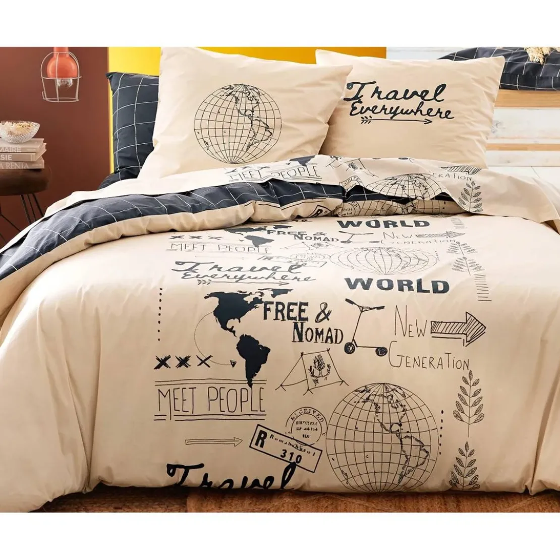 BecquetHousse de couette en coton beige réversible thème voyage - GENERATION