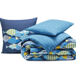 BecquetHousse de couette en coton bleu nuit à motif marin graphique multicolore - POISSONS