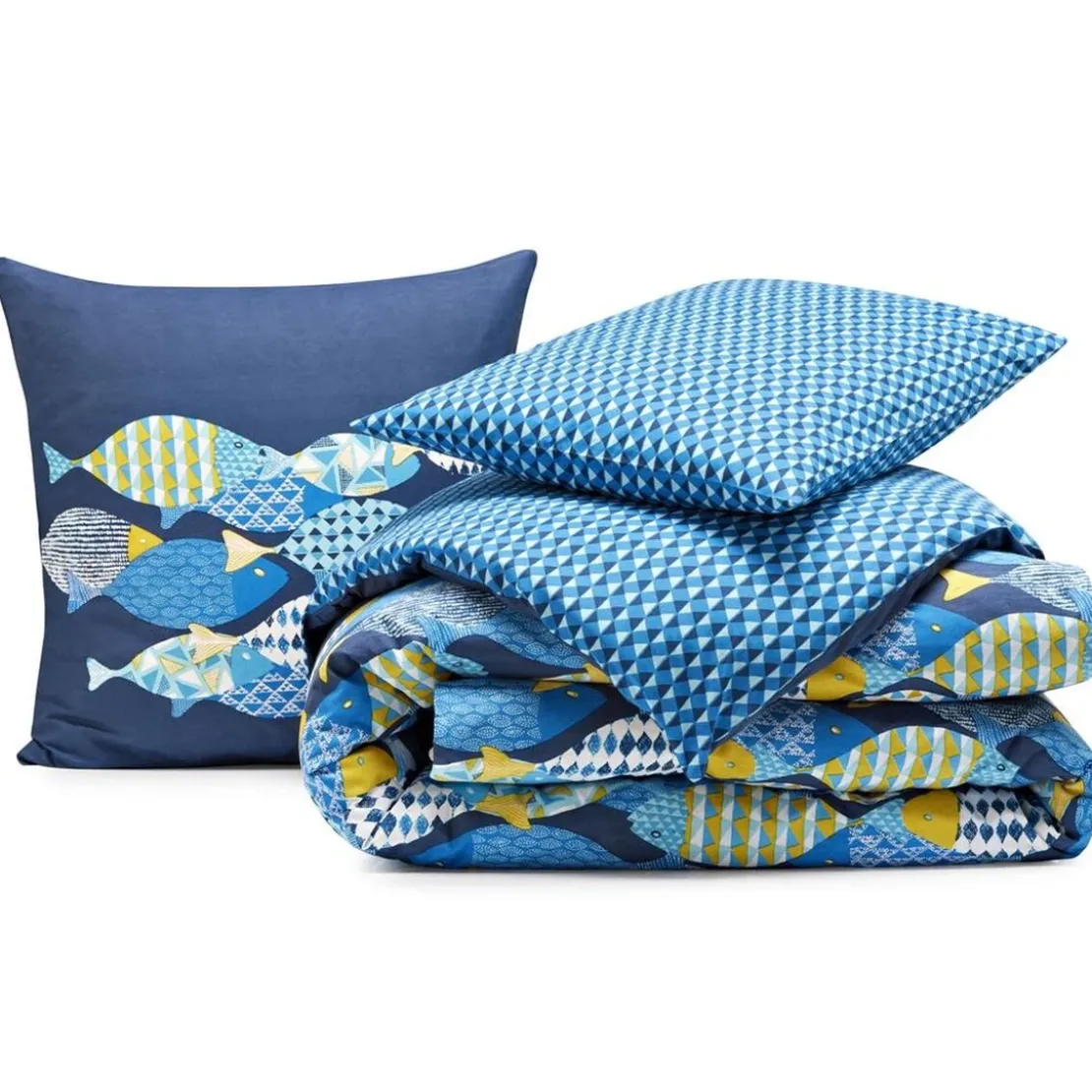 BecquetHousse de couette en coton bleu nuit à motif marin graphique multicolore - POISSONS