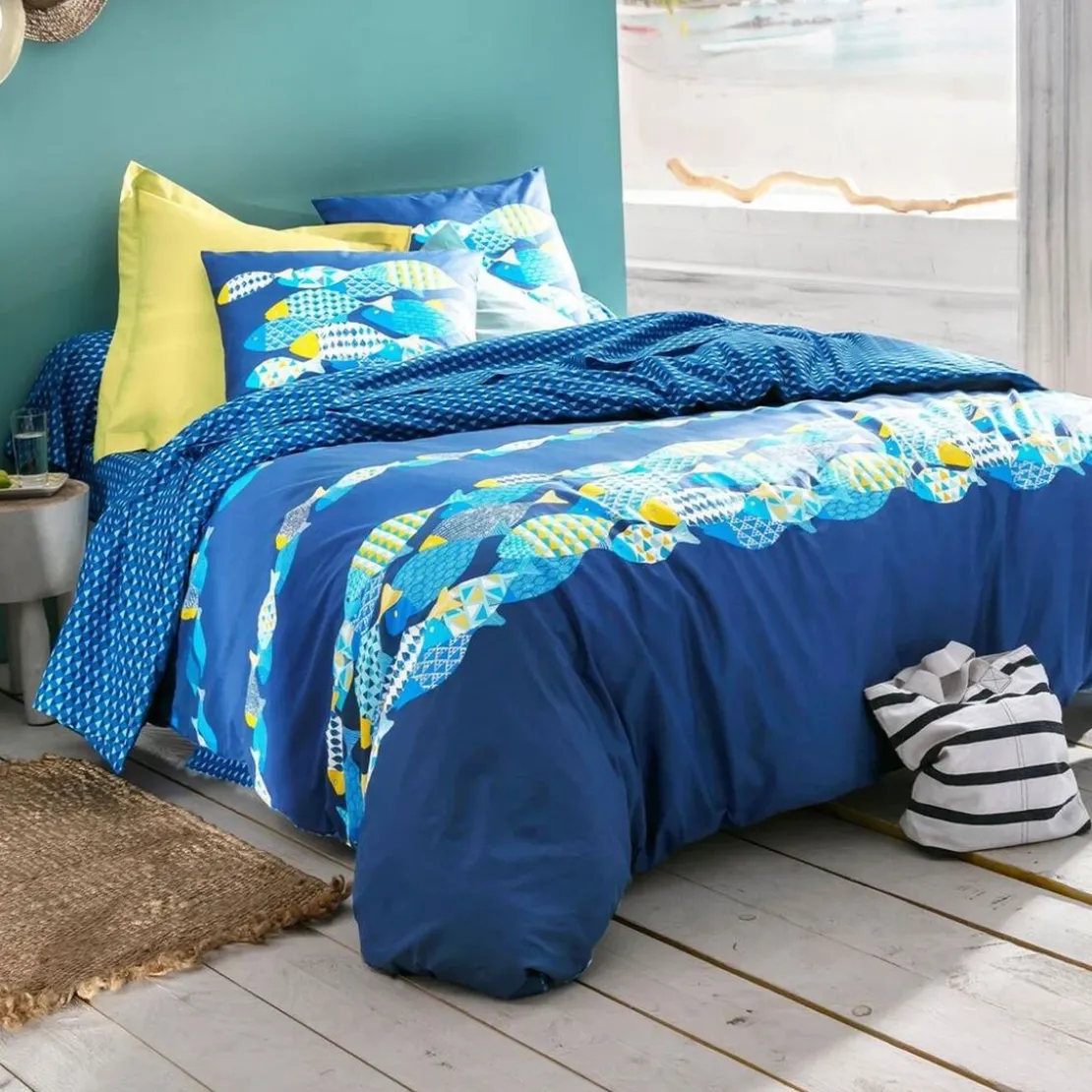 BecquetHousse de couette en coton bleu nuit à motif marin graphique multicolore - POISSONS
