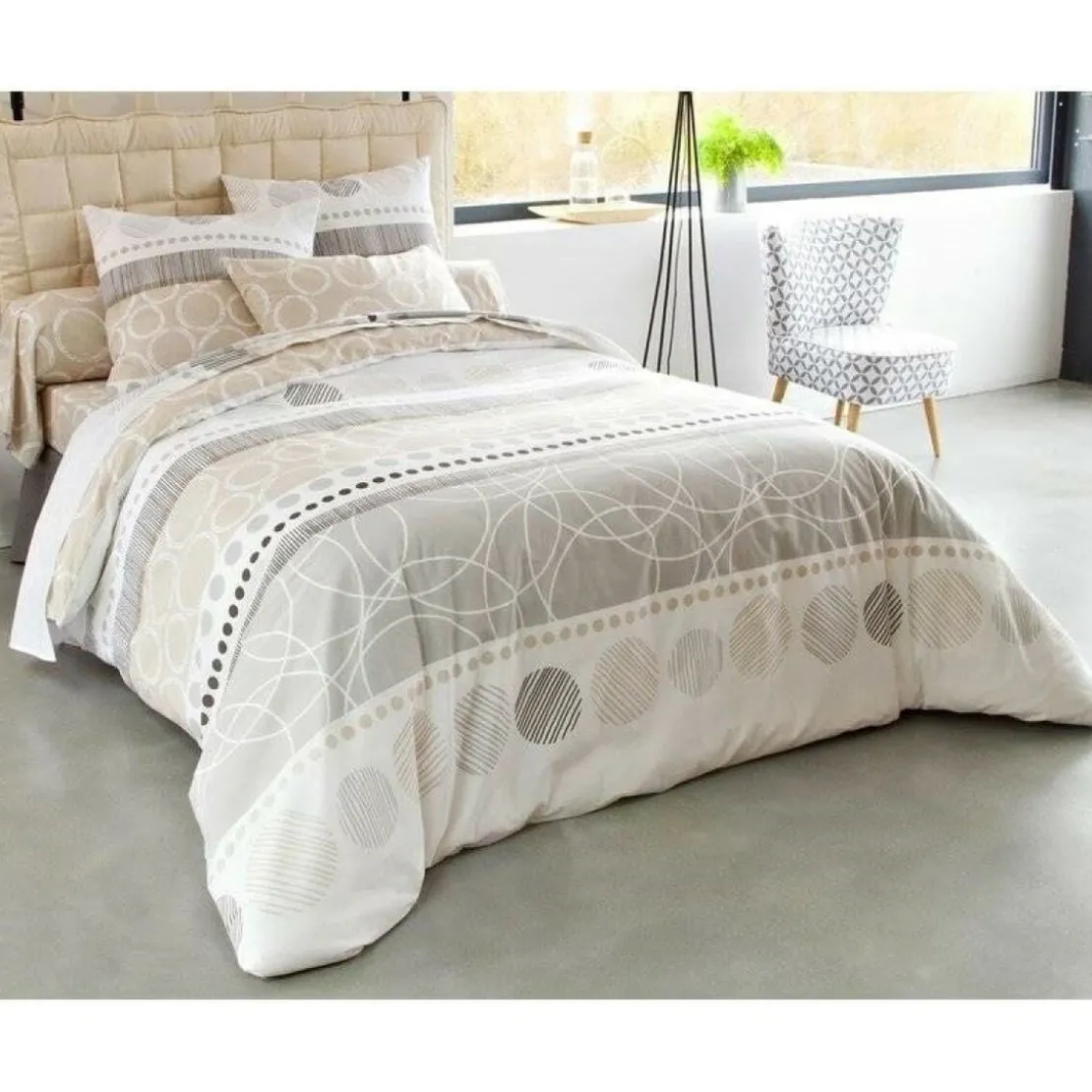 BecquetHousse de couette en coton rayures et cercles - Beige