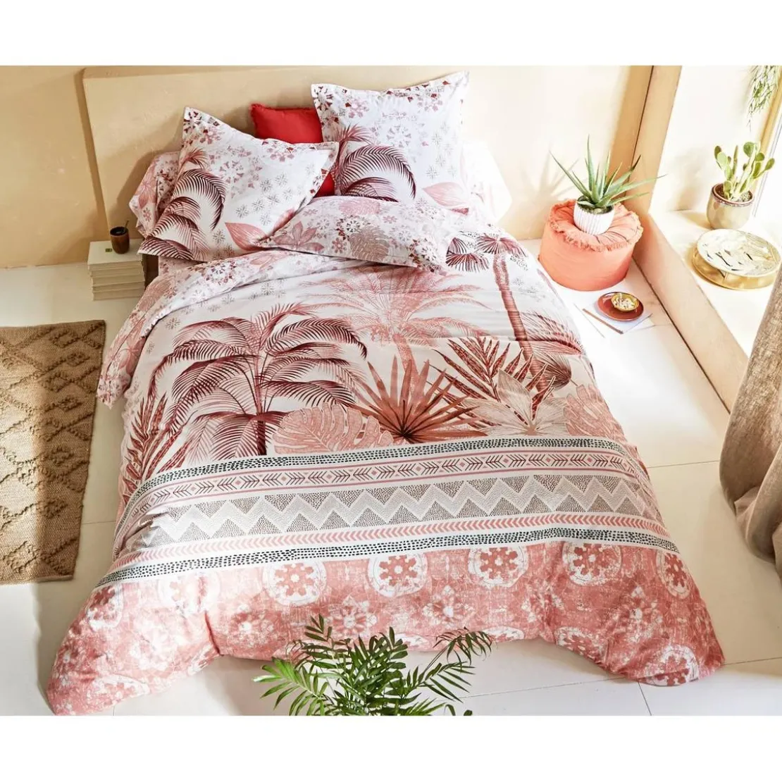 BecquetHousse de couette en coton réversible OASIS motif exotique - rose
