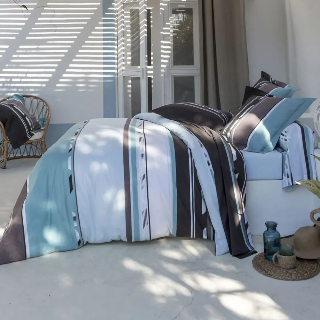 BecquetHousse de couette en coton réversible rayures fantaisie - bleu