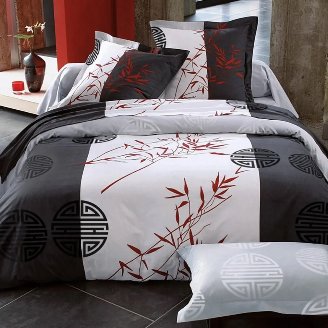 BecquetHousse de couette en coton réversible gris anthracite à motif graphique bambou rouge - NIPPON