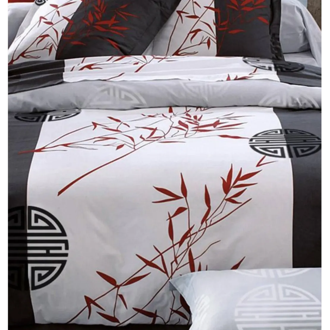 BecquetHousse de couette en coton réversible gris anthracite à motif graphique bambou rouge - NIPPON