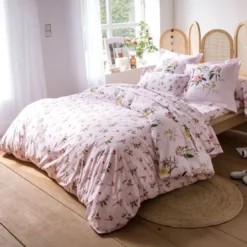 BecquetHousse de couette en coton réversible AZALEE motif floral herbier - rose clair